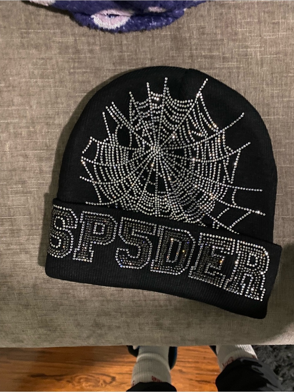 Black Rhinestone Sp5der Web Beanie Hat for Men